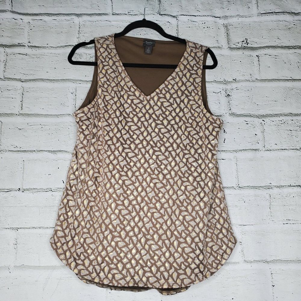 Chicos Travelers Womens Size 1 Medium Brown Patterned Tank Top Lined brown